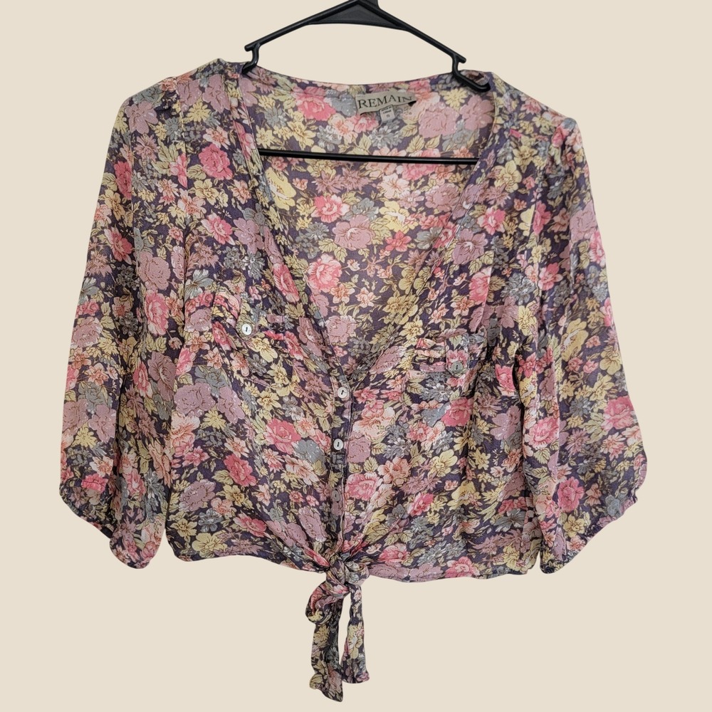 Remain Floral‎ Crop Top Button Tie Front Short Sleeve Small Viscose Blouse Boho